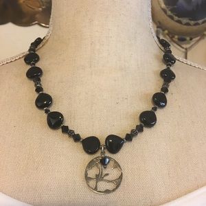 Vintage black glass gem cut out pendant necklace